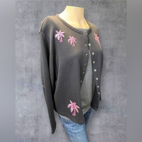 Reference Point Black Cardigan with Pink Palm Tree Embroidery - Size L - Picture 4 of 8